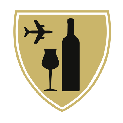 Blason représentant le groupe Tourisme et oenotourisme avec illustrations d'un avion et d'un verre de vin avec bouteille