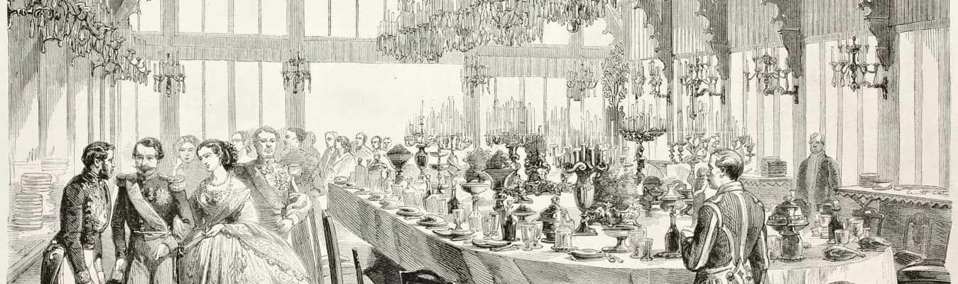 Illustration en noir et blanc d'un repas sous l'Empire